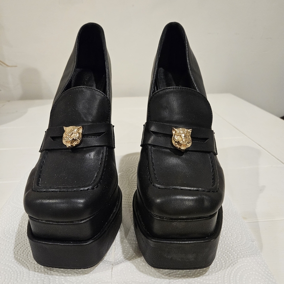 Black Platform Loafers with Gold Accent - Picture 2 of 6
